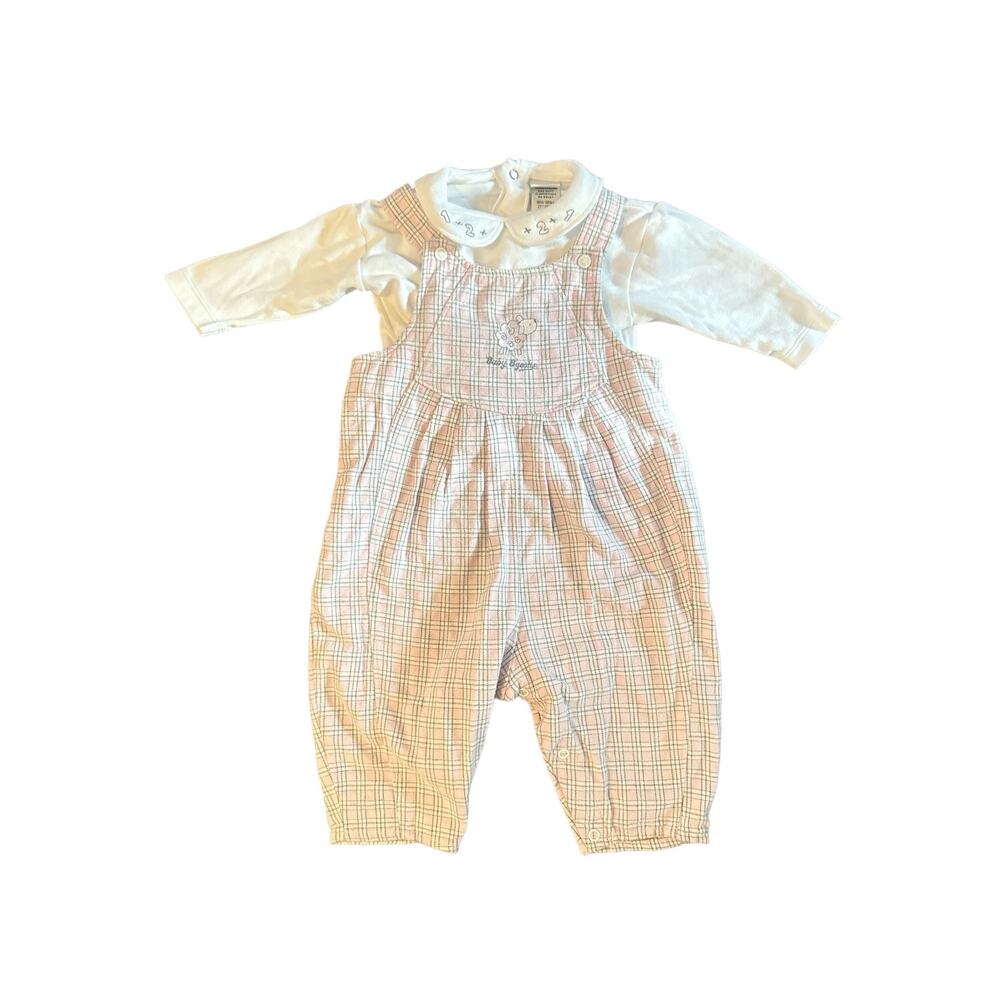Vintage 1990s Baby Oshkosh B'Gosh 2 Pc Long Slv 6-9Mo Overalls Set Pink Plaid